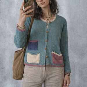 Vintage ID Sport 80s 90s Green Chenille Cardigan Colorblock Pockets Small